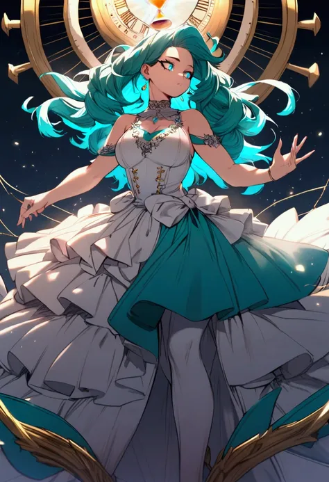 My hero academia, woman with long cyan hair and cyan eyes, dress, singer, thicker, hourglass