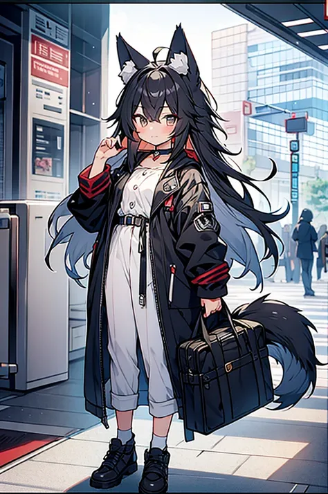 Masterpiece, top quality, super detailed, anime illustration, one boy like girl, small  shota, wolf ears, wolf tail, black hair, long hair, choker, customs officer outfit, at airport customs,