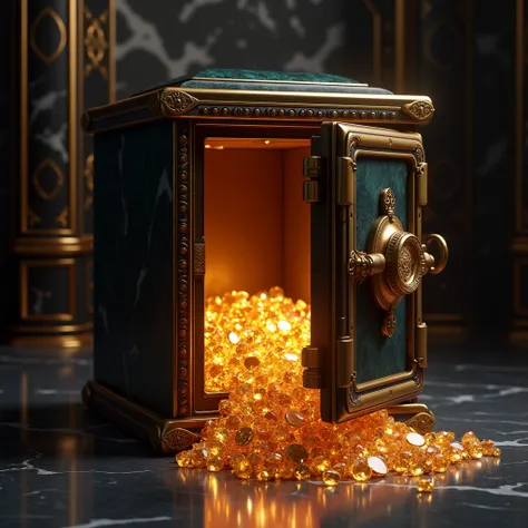 An open antique safe ,  revealing rare and shiny jewels ,  with a golden sheen illuminating the dark environment. The setting is luxurious,  with marble and velvet details in the background .