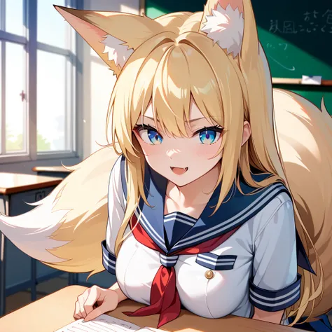 (masterpiece, best quality:1.4), (8k, ultra-detailed, anime style:1.2), cute young girl,  bright and colorful background,medium breasts , (anime:1.3), High quality anime style girls、Fluffy yellow hair、Fluffy fox ears and tail in the same color as her hair、...