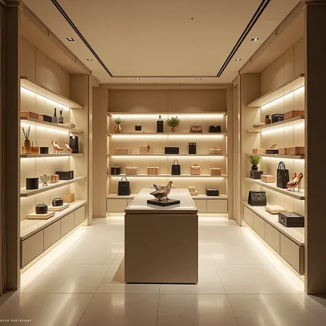 A chic boutique store ,  with unique items displayed on illuminated glass shelves. The environment is sophisticated,  with neutral colors and touches of gold .