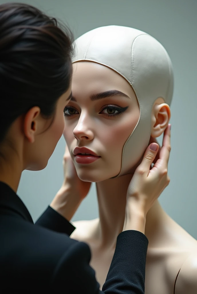 Beautiful Latina woman is undergoing the process of having her head covered with a full face mask to properly resemble a mannequin