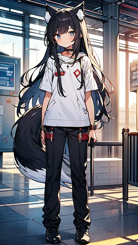 Masterpiece, top quality, super detailed, anime illustration, one boy like girl, small  shota, wolf ears, wolf tail, black hair, long hair, choker, customs officer outfit, at airport customs,