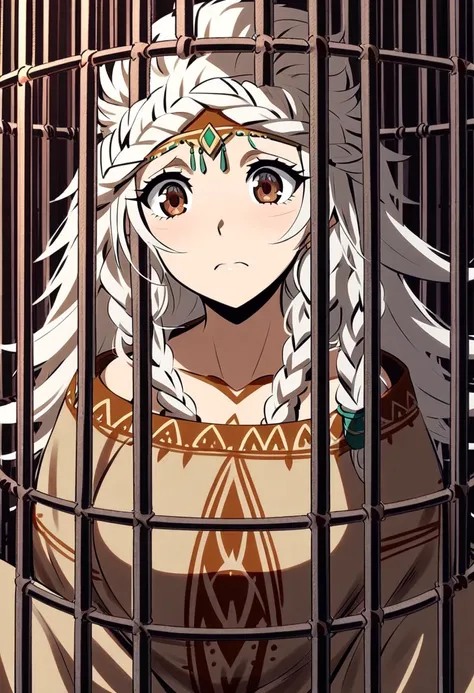 {{Artist: aitsuwu}} 1girl, mature female, nomadic princess, white hair, long hair, Braided hair, brown eyes, nomadic attire, in a cage, sitting in a cage, wood cage, scared, sad, pov from far, medieval fantasy.
