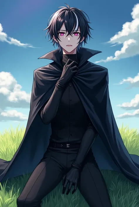 male anime character in a black cloak,black glove, black hair and white stripes hair sitting on a grass field looking at the sky with his purple and red eye