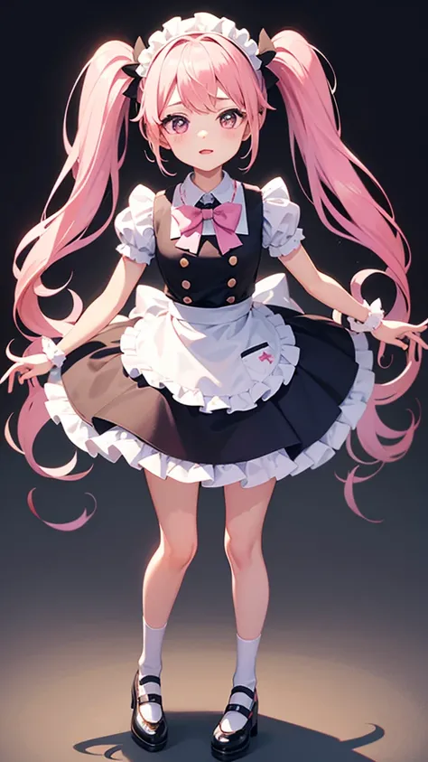 Character portrait　 twin tails（ princess cut　 light pink ）　 maid outfit 　cute　Shiny shoes　whole body　 background simple