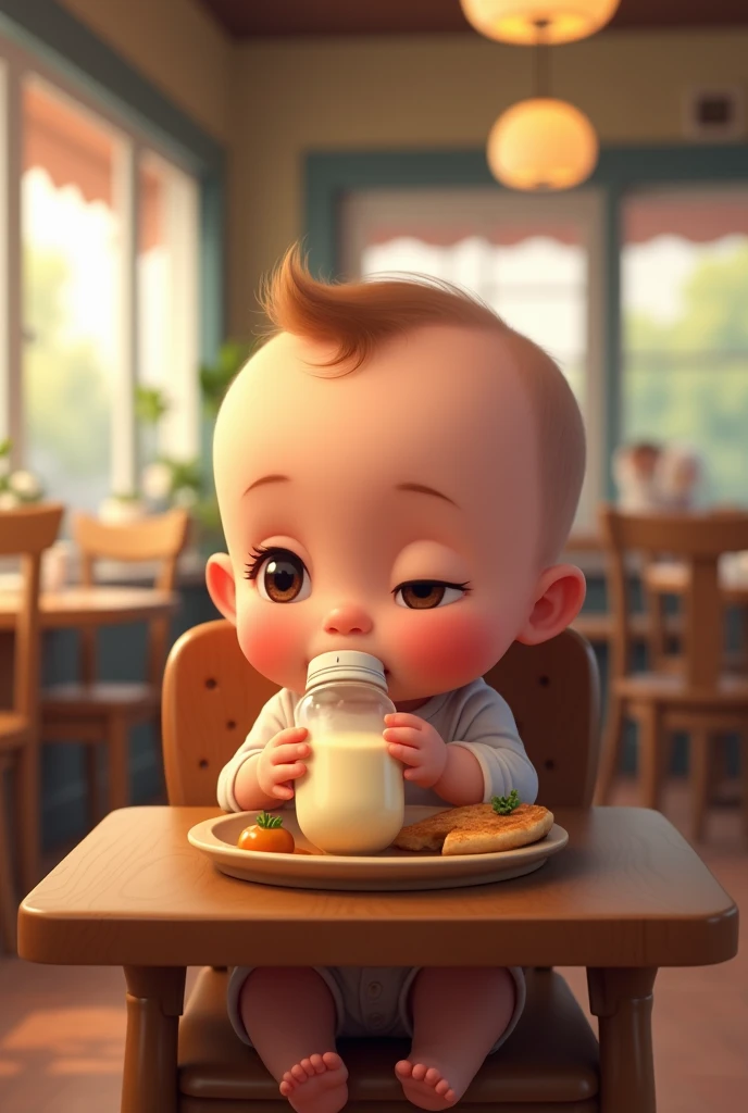 A fat baby sitting in a restaurant drinking milk 