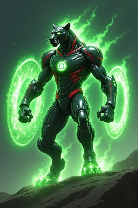 A futuristic, armored hybrid creature resembling a panther with a glowing green aura. The body is sleek and metallic, styled like Iron Mans armor, with vibrant red and gold highlights. The eyes glow green, and the creature wields a large, luminous green en...