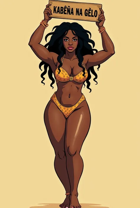  A dark-skinned woman, she has both hands raised holding a sleeve. In the other hand, she securely holds a sign with the text that reads: "KABEÇA NA GELO" with afro hair falling forward, Rasta type, but braided, with beautiful breasts, perfect body with wi...