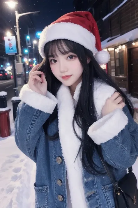   best image quality、 black hair, blue inner color, Santa Claus Clothes 、 one girl 、Winter clothes、 Sexy Gradient Hair、Winter clothes、Snowy Streets 、Powder Snow、Snowfall、night、 Christmas