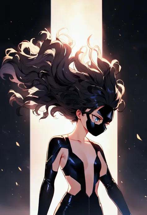 My hero academia, girl with shoulder length black wavy hair, blue eyes, mask on her face, think body, flat chest