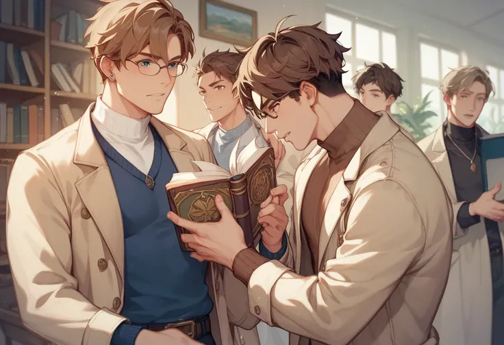  Beige Trench Coat、Turtleneck innerwear、 brown hair、male、 hold a book 、Shining Poses 