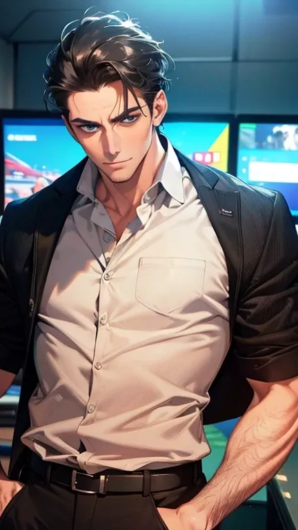 (best quality,4k,8k,highres,masterpiece:1.2),ultra-detailed,(realistic,photorealistic,photo-realistic:1.37),1 man,31 years old,mature man,very handsome,without expression,smile,short grey black hair,blue eyes,penetrating gaze,perfect face without errors,im...