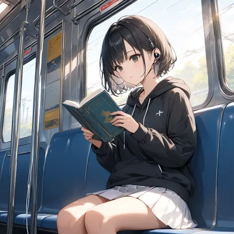 anime、((Amazingly absurd)),(masterpiece:1.2),超High resolution, Attention to detail, high quality, High resolution, 最high quality, 4K, 8k、Woman reading a book,Put on earphones,Straight face,Black Eyes,Black Hair,Short Hair,Black hoodie,White mini skirt,On t...