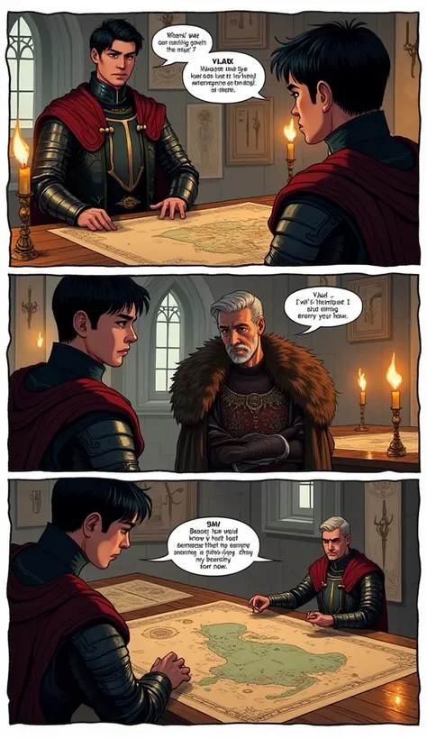 Storyboard, Comic book panel layout with white border, Multi view, Immersive, Go Pro, Action pose, Panel 5 Comic Strip Prompt:
Create a comic strip set in a medieval Hungarian castle. The main characters are:

Vlad III: An intense-looking young man, dark h...