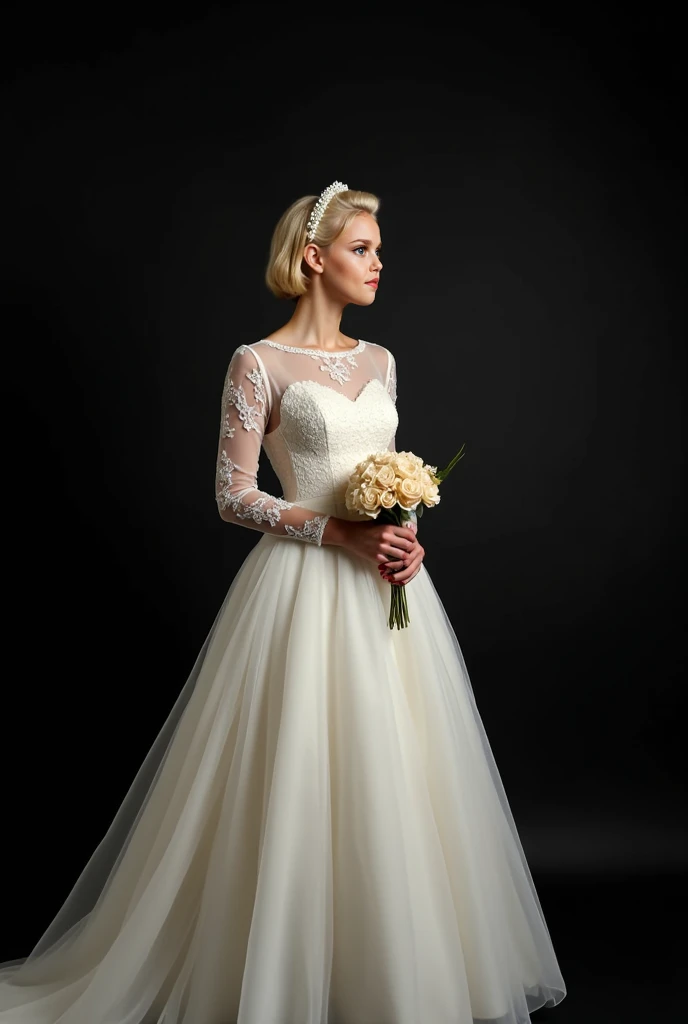  Full body of a young blonde woman looking forward in profile,  dressed as a fashionable 1950s wedding dress ,  with short hair bouffant style .  She has a pearl headband on her head .  the dress is white , long lace sleeves, closed tulle collar , cintura ...