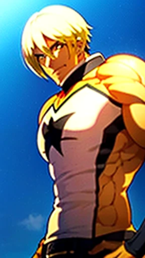 ( best quality),    a superhero with a beautiful body,  hero costume  ,  Handsome and good-looking young man ,     Slim and Muscular    , My skin is brown ,  Blonde, Frivolous