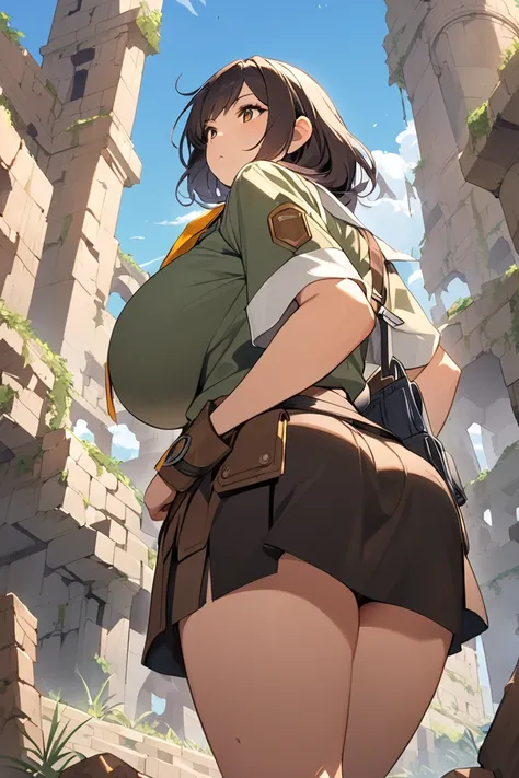 A female explorer is watching, Ancient City Ruins, covered gigantic breasts, short skirt, back view from below