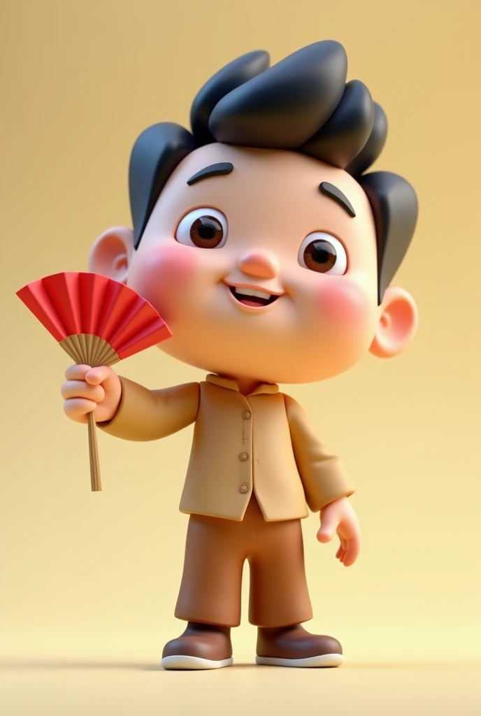 Create a cute 3D art toy cartoon character. Thai male teacher with big heads, short and small arms and short legs, wearing khaki long sleeve collared shirt, khaki pants, wearing glasses, holding a red fan on his right hand.