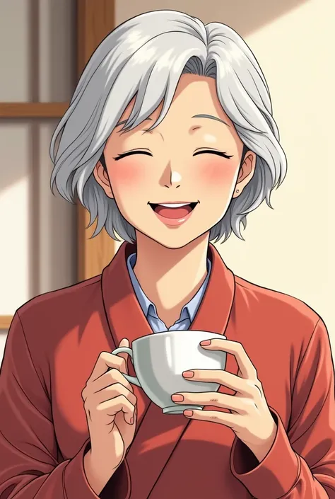 Japanese manga illustration of a 60-year-old Chinese woman with white hair, happy, with a cup of tea in her hands