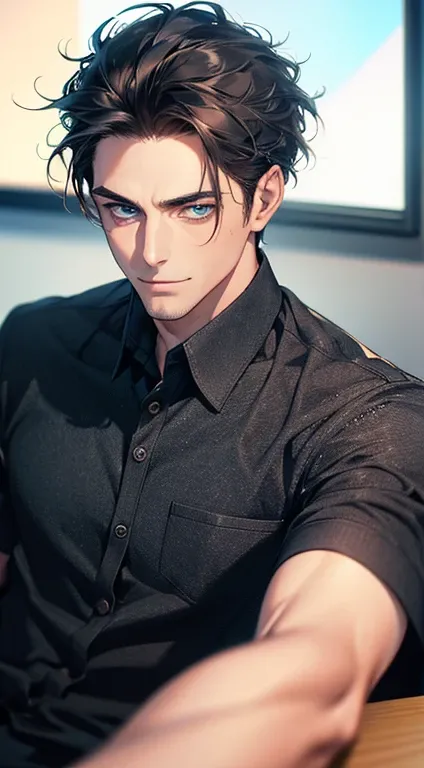 (best quality,4k,8k,highres,masterpiece:1.2),ultra-detailed,(realistic,photorealistic,photo-realistic:1.37),1 man,31 years old,mature man,very handsome,without expression,smile,short grey black hair,blue eyes,penetrating gaze,perfect face without errors,im...