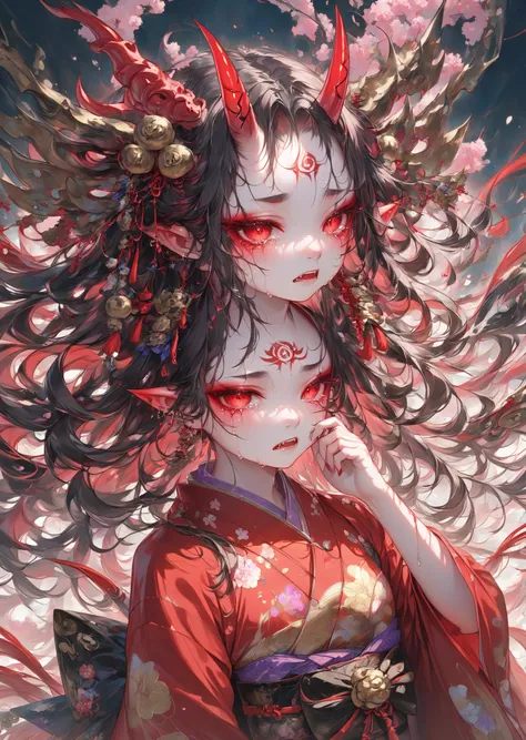  Masterpiece, High Quality, High Resolution, 16k, Detailed Background, Hyperrealistic, Digital Paint, Dark Fantasy, Oni Girl, petite, shiny pink long hair, Oni horns, Oni fangs, red eyes, long ears, long eyelashes, clean skin, clean legs, red kimono, sad e...