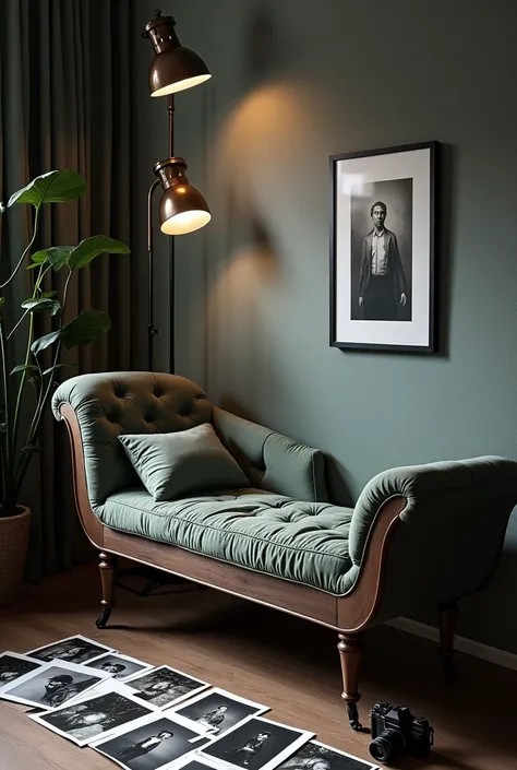 Create an image that combines a modern atmosphere of a psychoanalysts office with the technical aspect of a photography studio, featuring a modern psychoanalysis couch in the foreground, surrounded by scattered black and white photographs, vintage cameras,...