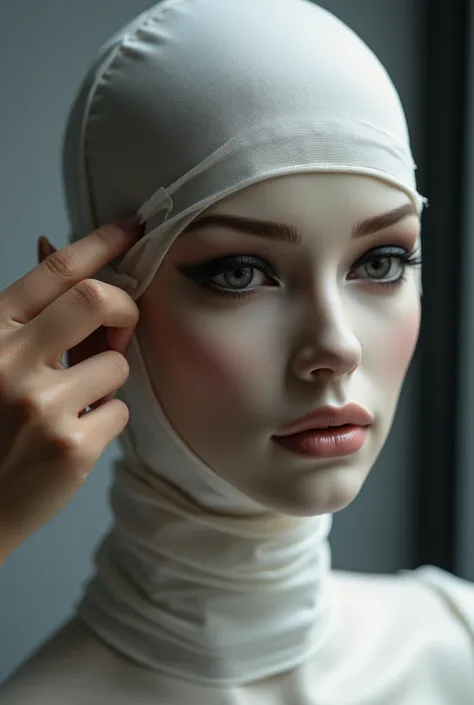 Beautiful Latina woman is undergoing the process of having her head covered with a full face mask to properly resemble a mannequin