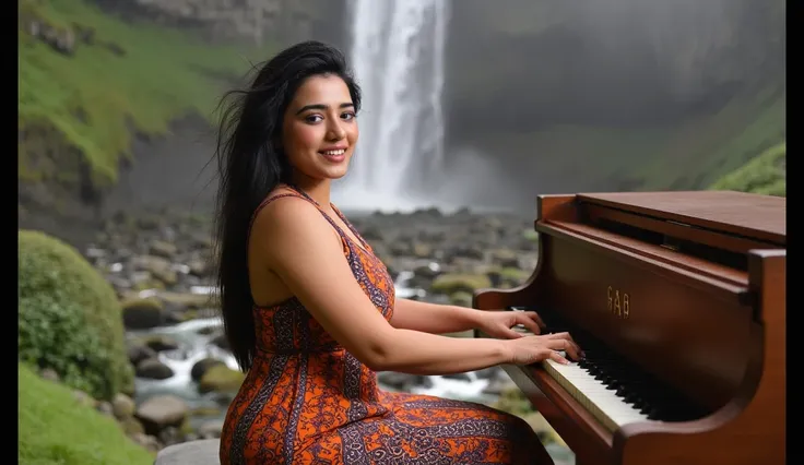 " A beautiful Colombian woman wearing a vibrant traditional dress and intricate prints, playing the piano in front of the stunning Zetaquira waterfalls , Colombia.  The scene features lush green vegetation ,  flowing water surrounded by rocks and a serene ...