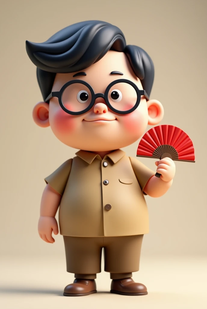 Create a cute 3D art toy cartoon character. Thai male teacher with big heads, short and small arms and short legs, wearing khaki collared shirt, khaki pants, wearing glasses, holding a red fan on his right hand, wearing glasses, chubby body.