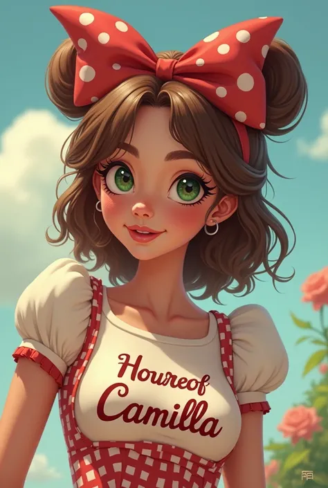 Beautiful adult girl ,  in Disney princess version . She has light brown hair..  The eyes are dark green .  Do it with an ironic and funny look .  She must wear two bows on the sides of her head, bianchi e un top a scacchi con su scritto "House of Camilla"...