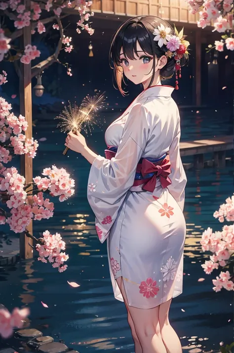 Beauty, 40 years old, New Year, Furisode, yukata, ((transparent)), emphasize the buttocks