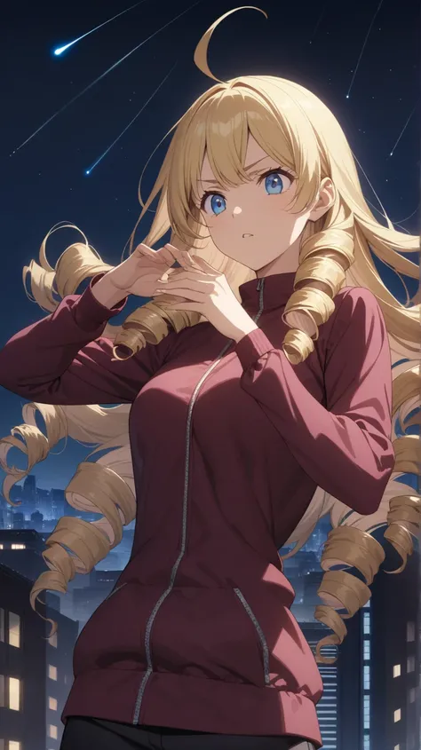 a woman, blonde, Long Hair, Drill Hair, Ahoge, blue eyes, slant eyes, narrow eyes, maroon sportswear, Black platform boots, cool hand position in JOJO pose, upper body, background of night sky with the city, with a meteor shower, anime, best quality, maste...