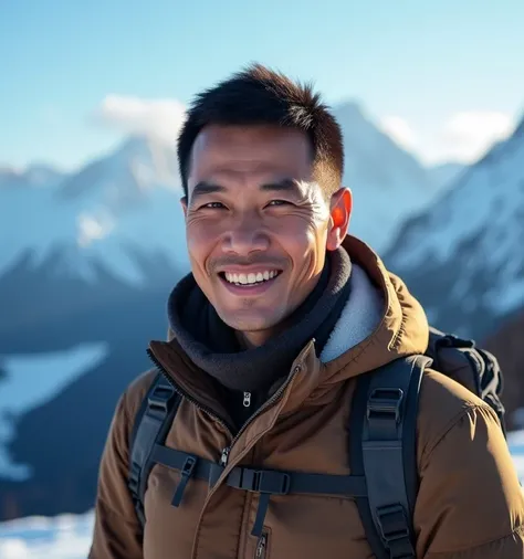 A Thai man 50 years with short cut dark brown hair, charming clear face most details, tan skin, thin smiling, strong and muscular, wearing winter coat, backpack, stands in front of Jade Dragon Snow mountains China, bright blue sky on the backgrund , lookin...