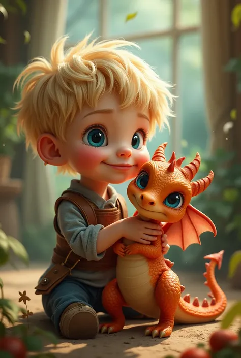  A  plump boy ,  blond hair,big blue eyes , holds a little dragon with beautiful eyes and wings. The mood is great 