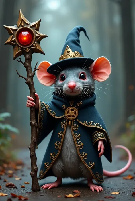 a rat using a cursed staff and warlock clothes. his staff has a star with 4 tips and a dark red sphair on center. he is using a hat and has a cute rat face 