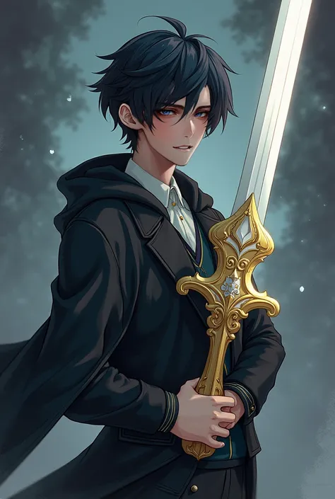 ((handsome man)), (( black hair )), ((yellow eyes))  A young man with black hair and yellow eyes,  he holds a white sword with gold details .  His countenance is calm and his hair is short , although messy . i.e.,  I WISH IT WOULD GENERATE THE IMAGE OF A B...