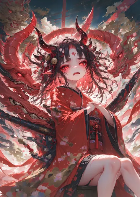  Masterpiece, High Quality, High Resolution, 16k, Detailed Background, Hyperrealistic, Digital Paint, Dark Fantasy, Oni Girl, petite, shiny pink long hair, Oni horns, Oni fangs, red eyes, long ears, long eyelashes, clean skin, clean legs, red kimono, sad e...