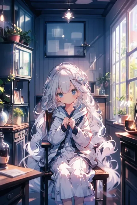     Silver Hair、  Long straight hair、 cute***、 cute、Canton 、Read a book、Quiet、  look up  、、    white dress 、    hoodies     、  、  side tail、  Window  、、  Anxious expression、  sit on a chair、