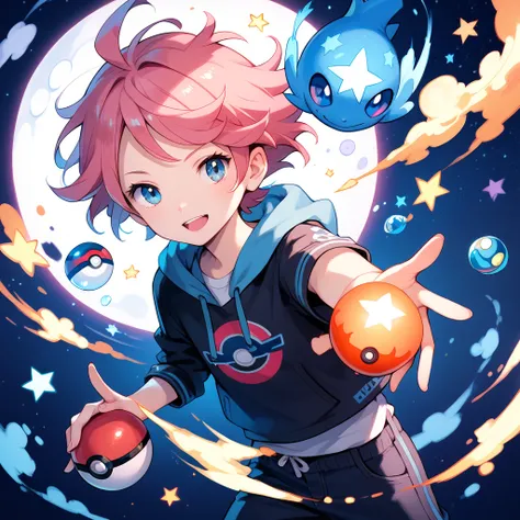 pokéball focus, floating pokéball, an open pokéball, no people, zero people, solo, round object, stars, abstract background, ultra HD, 4K, best quality, 