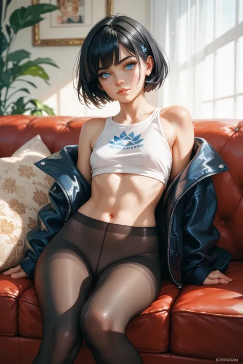  girl ,  blue eyes,  Short hair,  Black hair, black tights ,  is sitting on the sofa, small breasts, широкие бедра, белый топ