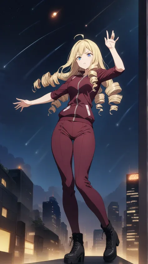 a woman, blonde, Long Hair, Drill Hair, Ahoge, blue eyes, slant eyes, narrow eyes, maroon sportswear, Black platform boots, cool hand position in JOJO pose, full body, background of night sky with the city, with a meteor shower, anime, best quality, master...