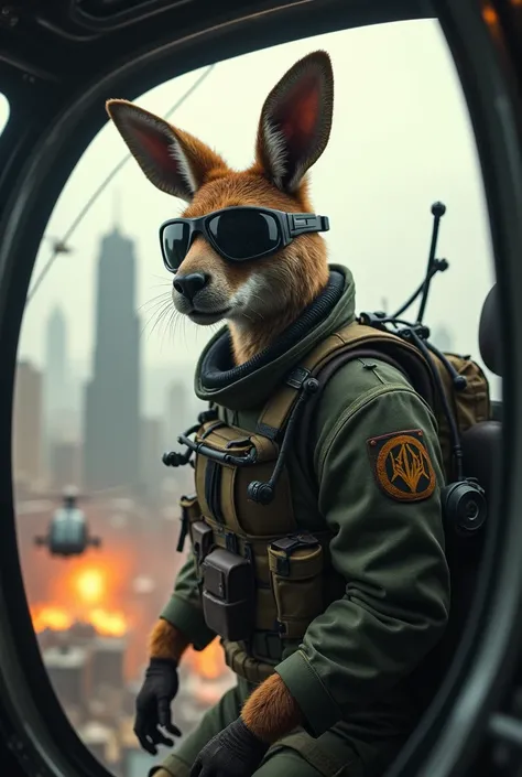  An anthropomorphized kangaroo inside a helicopter in a futuristic combat environment.  He is inside the helicopter with the door open , , which allows us to see in the background of the image several buildings , other helicopters ,  in a general war envir...