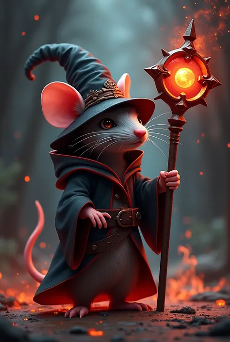 a rat using a cursed staff and warlock clothes. his staff has a star with 4 tips, and a dark red sphair on center. he is using a hat and has a cute rat face. There r dark red fire on his back.