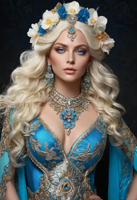 A sexy woman with striking blue eyes and platinum blonde hair adorned with floral accessories. She wears an intricate outfit that blends traditional and fantastical elements. The top portion of her attire is a vibrant, ornate, and colorful garment with flo...