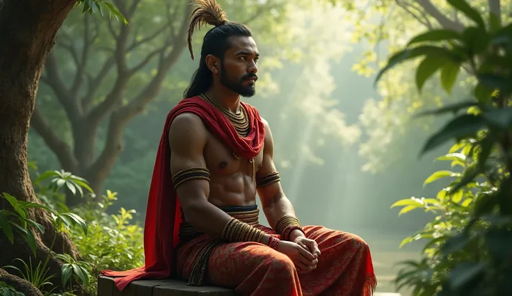 Create an image of a Garo man sitting alone on a simple wooden stool in a peaceful natural setting, surrounded by lush greenery and soft sunlight filtering through the trees. The man has a strong, angular face with sharp cheekbones, a confident expression,...