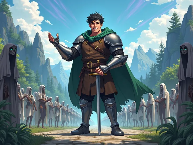 Anime style, A large, smirking young man stands confidently in front of a majestic undead battlefield. The man seems like a giant compared to everyone else. The man holds out his left hand with an excited expression, a Knights Sword is tightly clutched in ...