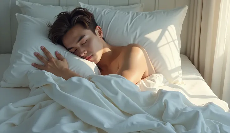 a human guy is sleeping on a bed having white blanket on him in a peaceful way