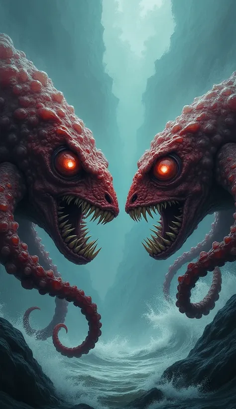 "Create an image where a [whole] and an [octopus] are positioned together, both depicted with angry expressions akin to a Stonefish. The [whole] should have a fierce, threatening demeanor, and the [octopus] should have its tentacles spread wide, also showi...