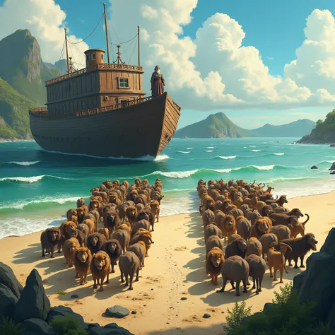 Noahs Ark is moored to the shore, the animals stand on the shore in two perpendicular rows, forming a large letter L, Noah stands on the bow of the ark and speaks